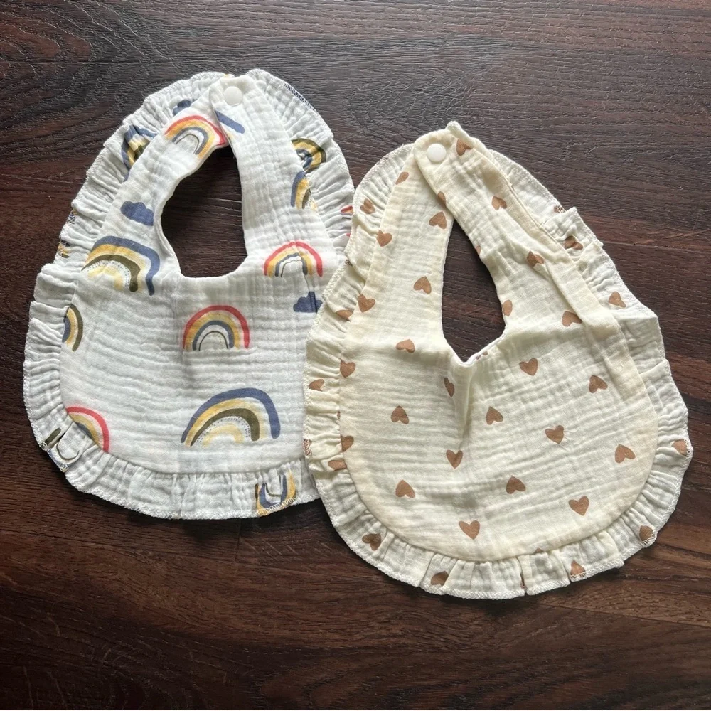 NEW set of 2 ruffle baby girl bibs with hearts and rainbow designs
